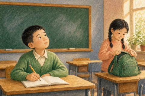 放学后教室里男孩对着空白黑板来回抬头低头抄写，邻座女孩已收拾书包