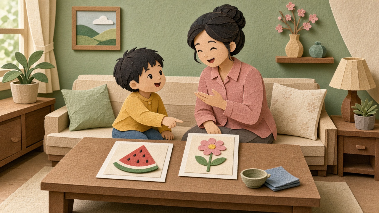 客厅矮桌,西瓜卡与花卡,大人说词孩子指向其中一张