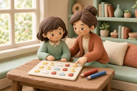 图书馆靠窗，女孩对着图标划消纸准备双目标练习