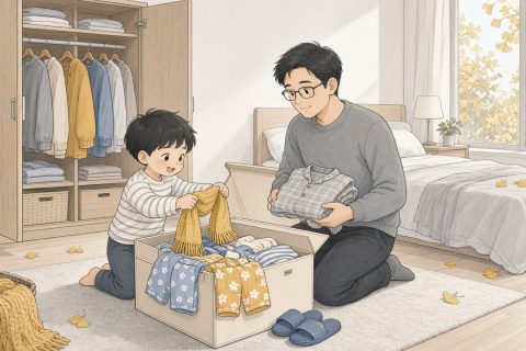 换季整理衣柜时，男孩把一条薄围巾塞进装夏衣的箱子，爸爸拿着睡衣看着他