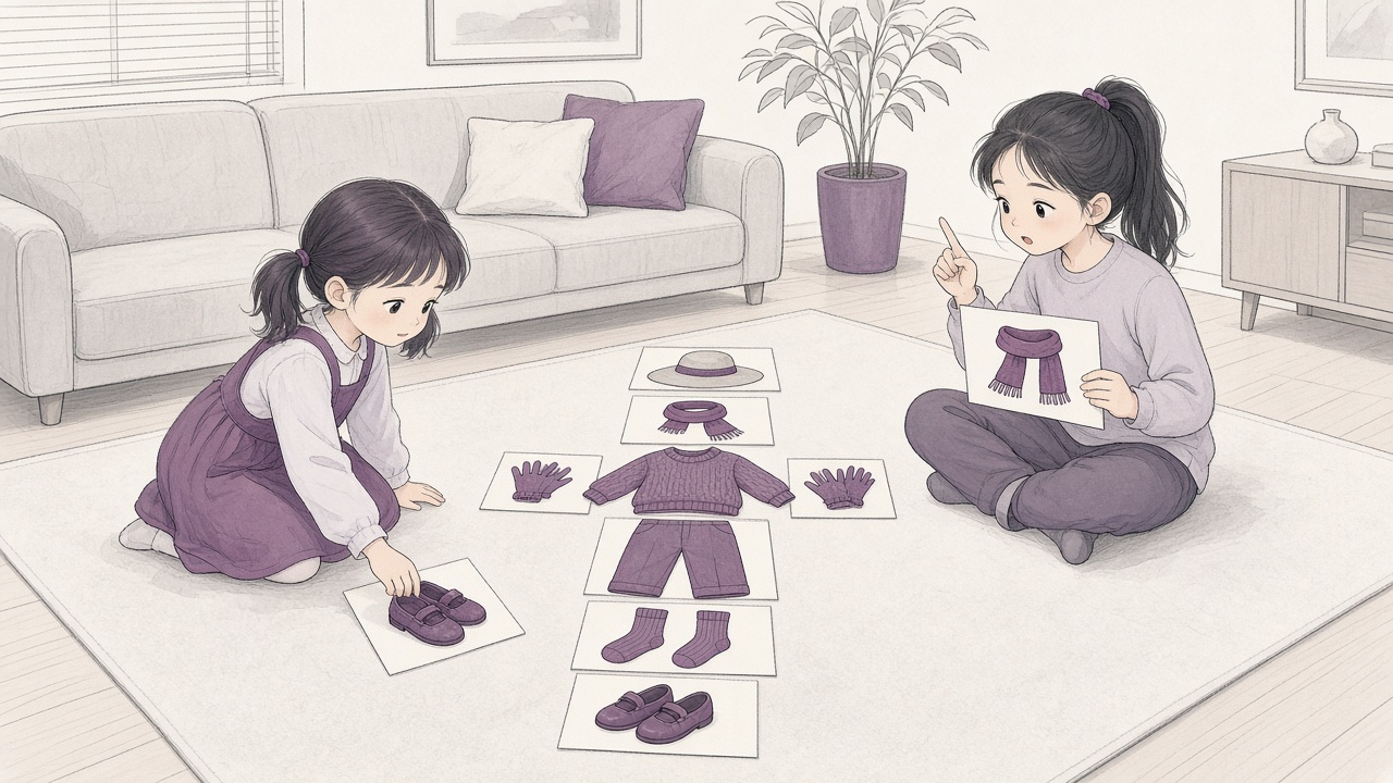 地垫上用衣物卡从帽子到鞋拼出一个小人,妹妹摆鞋子卡,姐姐举着卡片提问