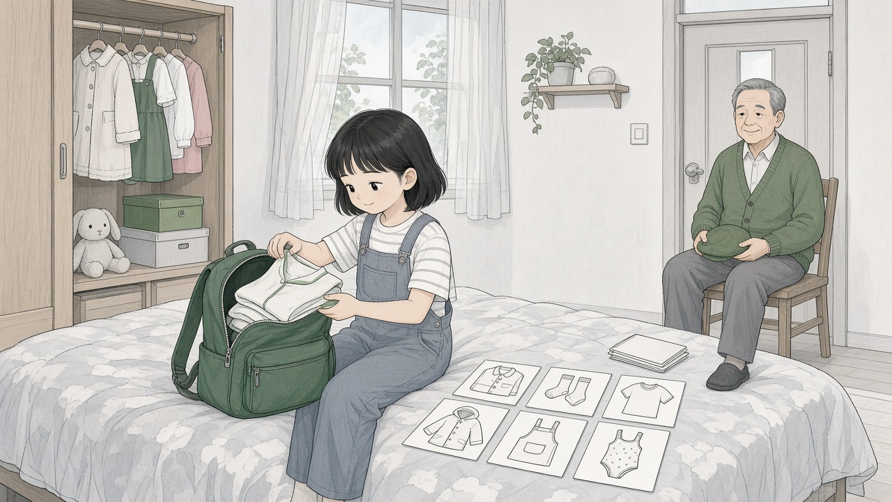 女孩对照衣物卡把睡衣装进小背包,外公坐在门边等着接她
