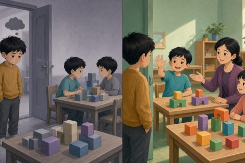 积木课门口男孩以为被嫌弃与老师引他换组的分屏对比