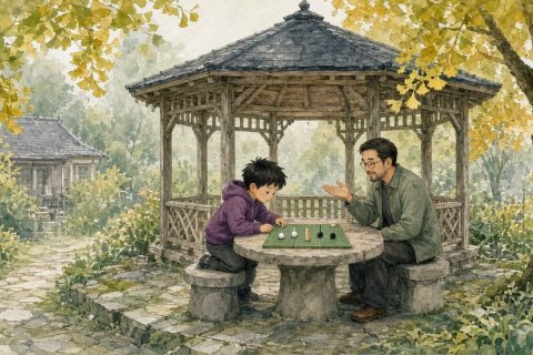 小区凉亭石桌上，男孩和舅舅摆弄插着小棒和黑白珠的绿色棋盘