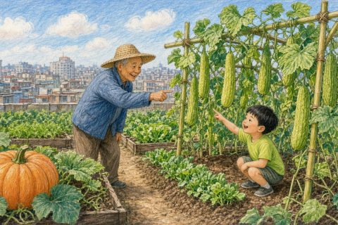楼顶小菜园里，戴草帽的爷爷和蹲在瓜架下的男孩，男孩指着垂下来的长丝瓜