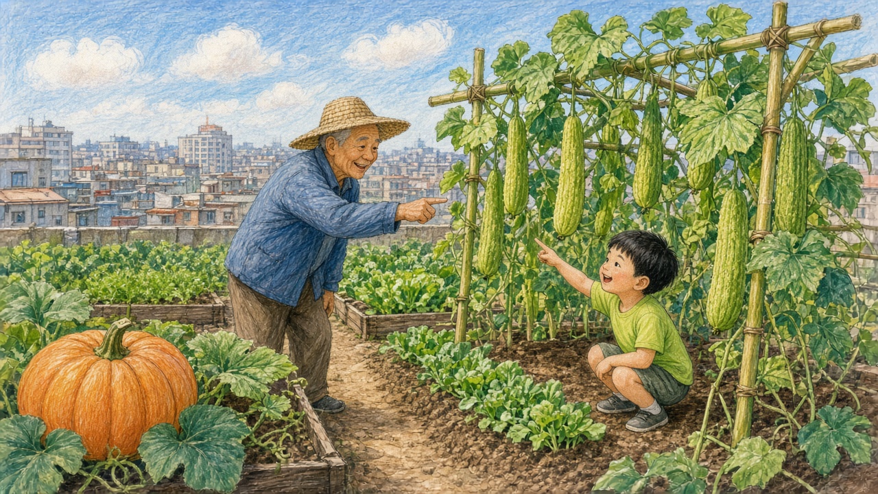 楼顶小菜园里,戴草帽的爷爷和蹲在瓜架下的男孩,男孩指着垂下来的长丝瓜