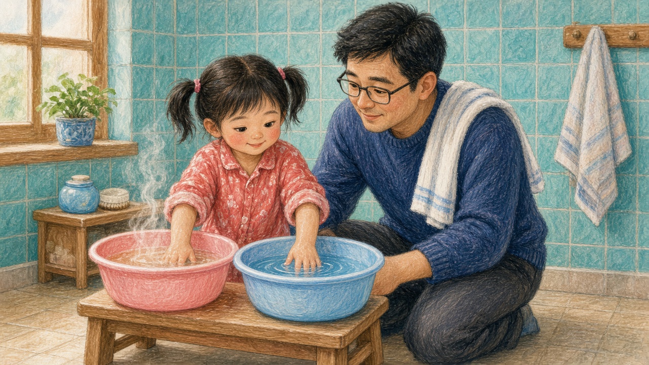 浴室里小女孩两只手分别伸进两盆水里试冷热,爸爸跪在旁边看