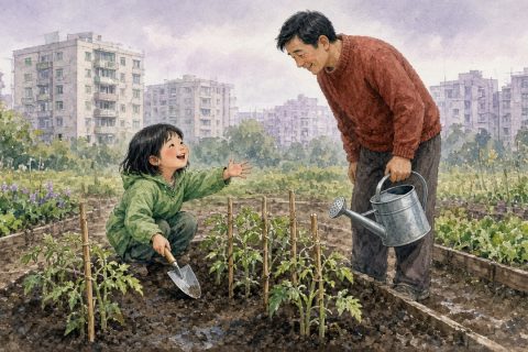 社区菜园里，蹲在番茄苗旁的小女孩笑着讲故事，提着水壶的爸爸弯腰听