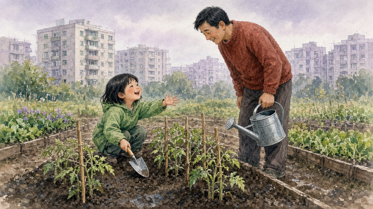 社区菜园里,蹲在番茄苗旁的小女孩笑着讲故事,提着水壶的爸爸弯腰听