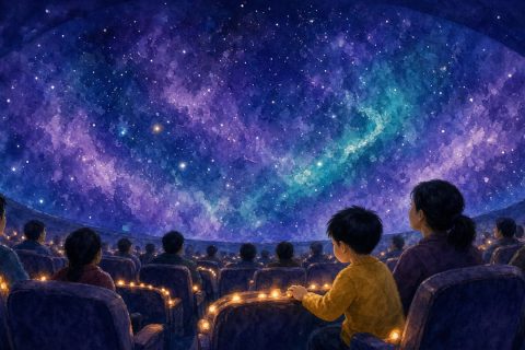 天文馆穹顶星空下，男孩低头摸着扶手上的小灯，妈妈仍在仰头听讲解