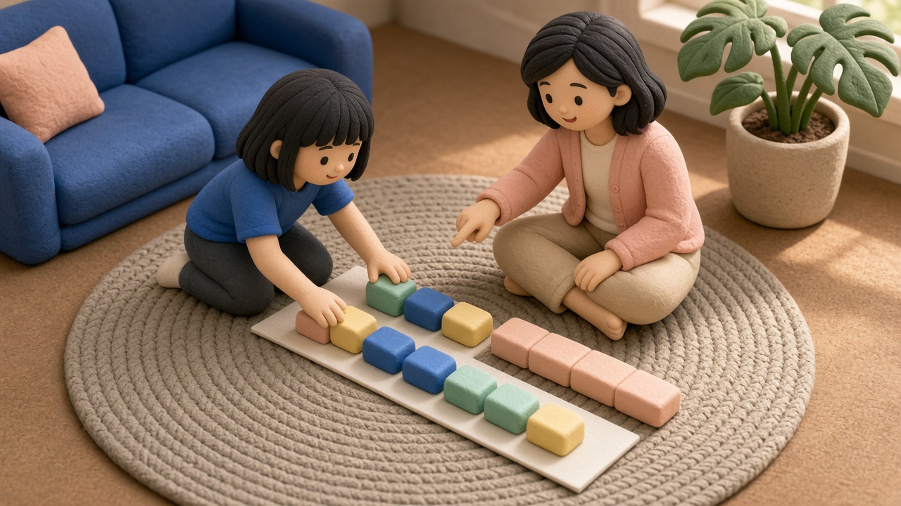 女孩跪在地垫上把长短不一的彩色方块排成一行,妈妈指着空档一起排周末作业