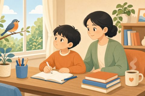 孩子坐在书桌前写作业，目光被窗外小鸟吸引，妈妈在一旁安静陪伴