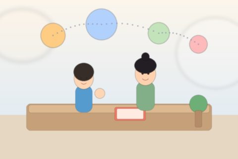 家长陪孩子在书桌前思考，上方有相连的抽象色块示意思维过程