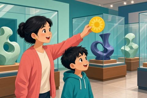 博物馆展厅里妈妈举黄贴纸男孩整头跟着转