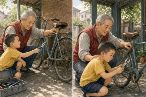 小区车棚里，男孩把尖嘴钳错递给修车的外公，后来学着用扳手卡住螺母