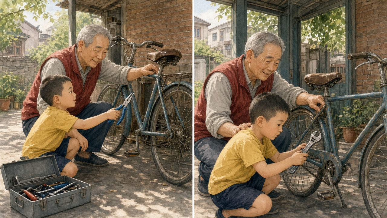 小区车棚里,男孩把尖嘴钳错递给修车的外公,后来学着用扳手卡住螺母