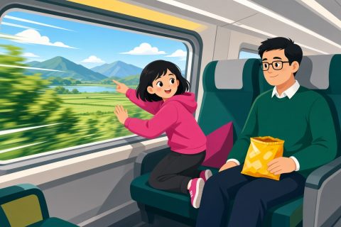 高铁上女孩指着窗外飞驰的树和远处的山向爸爸发问