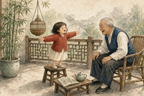 阳台上四岁女孩站在小板凳上张开双臂给爷爷讲故事