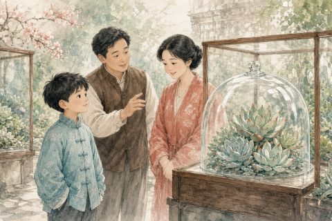 植物园多肉玻璃展区，短发男孩眼睛飘向玻璃罩，讲解员与家长在旁