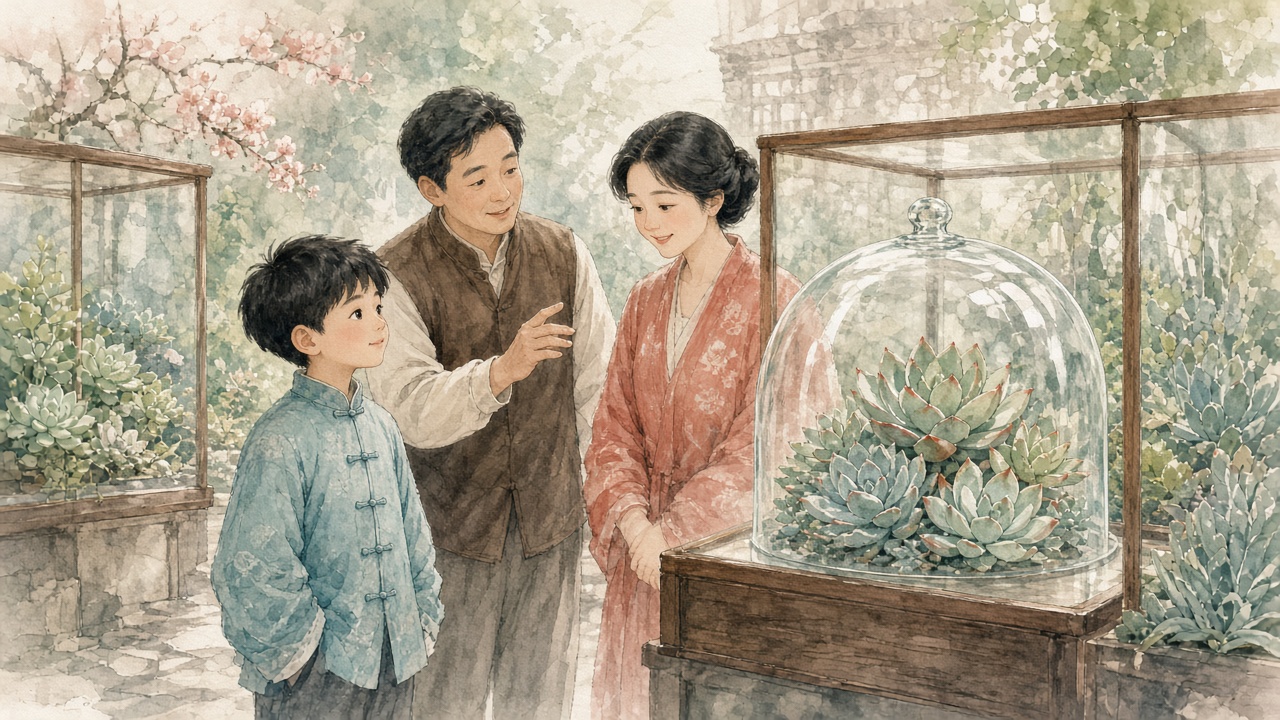 植物园多肉玻璃展区,短发男孩眼睛飘向玻璃罩,讲解员与家长在旁