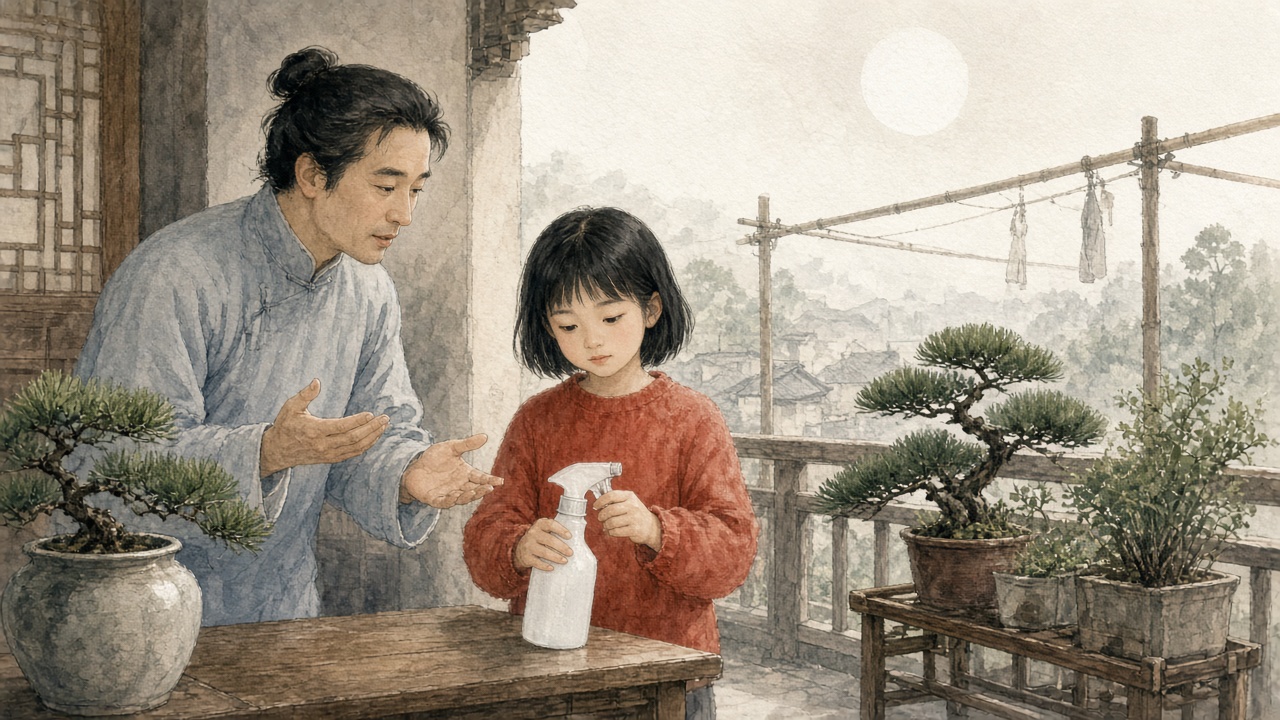 阳台花架前,大人说完两步口令,孩子停半拍再拧喷壶
