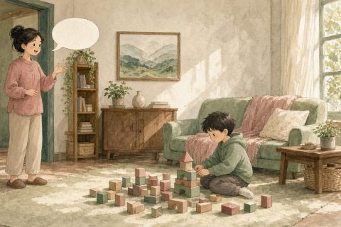 客厅里妈妈喊孩子、孩子仍盯着积木的水彩全景