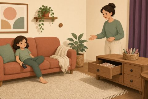 周末客厅沙发旁：女孩无聊家长指抽屉衣夹扑克