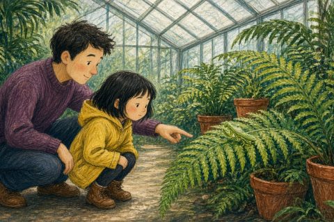 植物园温室里，爸爸指着蕨叶上的绿色螳螂，女孩凑近寻找