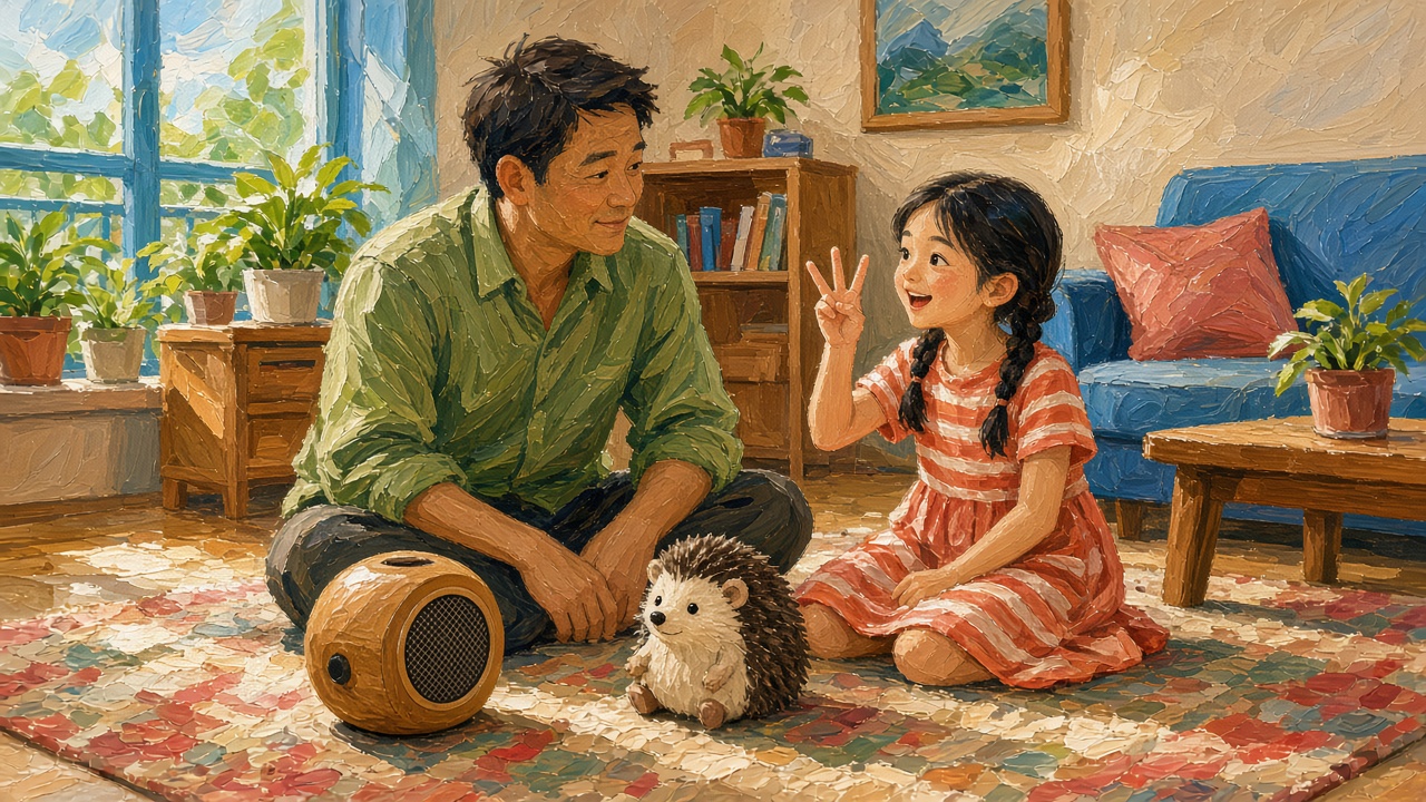 周末客厅里,女孩听完故事兴奋地伸出手指数,爸爸笑着等她说