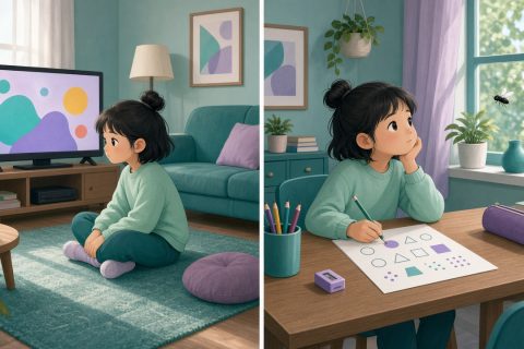 周末客厅里女孩专心看动画，与写作业时望向窗外分心的对比