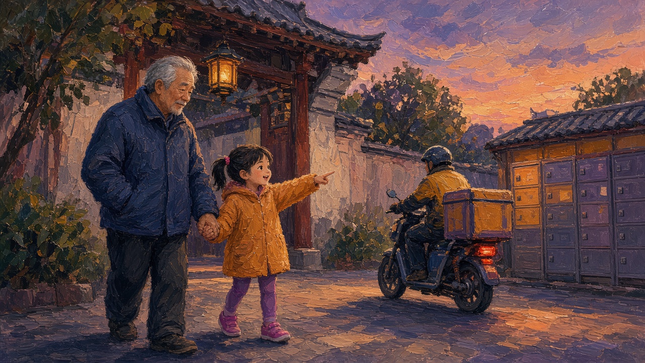 傍晚小区门口,扎小辫的女孩牵着外公指向送餐的骑手和往快递柜放包裹的快递员