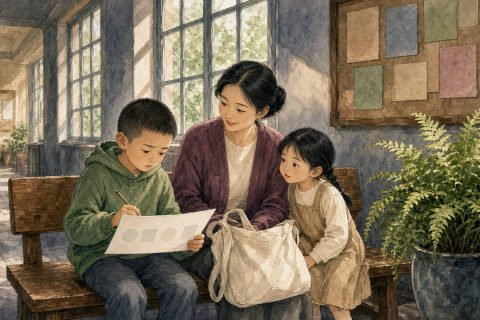 少年宫走廊长椅上姑姑陪着墨绿卫衣男孩看空白序列练习纸，短辫妹妹在旁窥看