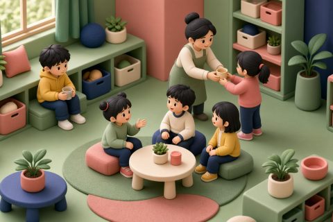 兴趣班休息区等距全景：短发男孩坐角落捏空水杯，对面老师给别的孩子递温水，同学三三两两聊天