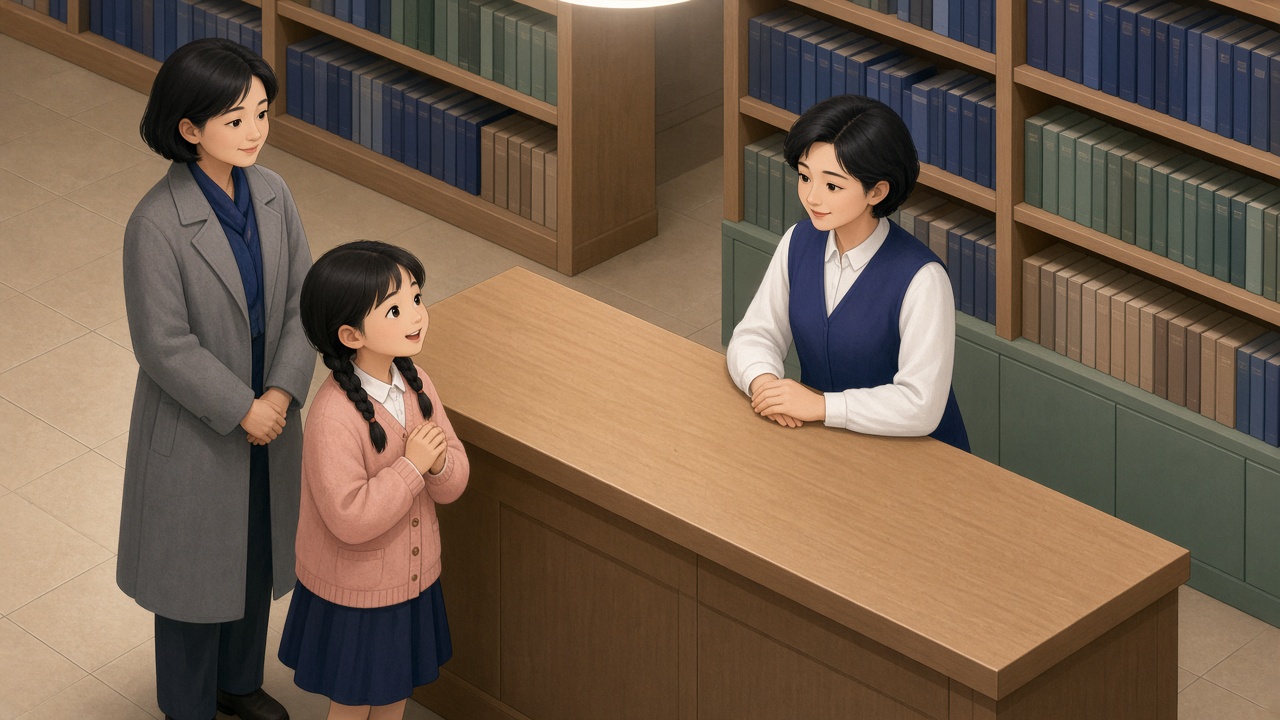 图书馆服务台中景：双辫女孩仰头问工作人员方位，妈妈站在侧后方不代说