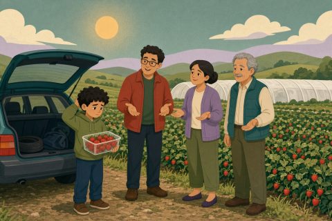 摘草莓归来，男孩捧着一盒草莓不知怎么分给四个人