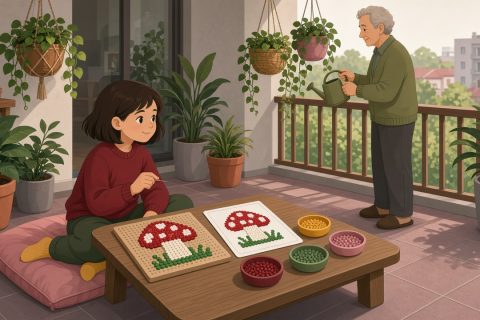 阳台上女孩照着图纸摆拼豆，抬头看图纸
