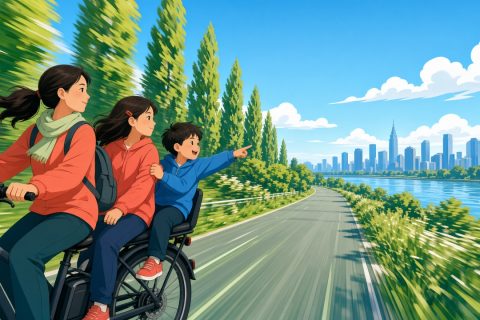 滨江绿道电动车后座，黑发波波头男孩扯着姐姐袖子指路边飞掠的杨树，远处江对岸楼房慢慢挪动，短发珊瑚外套姐姐回头看
