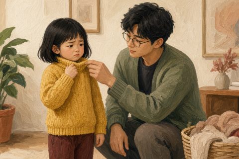 换季客厅女孩抠毛衣领标爸爸蹲旁