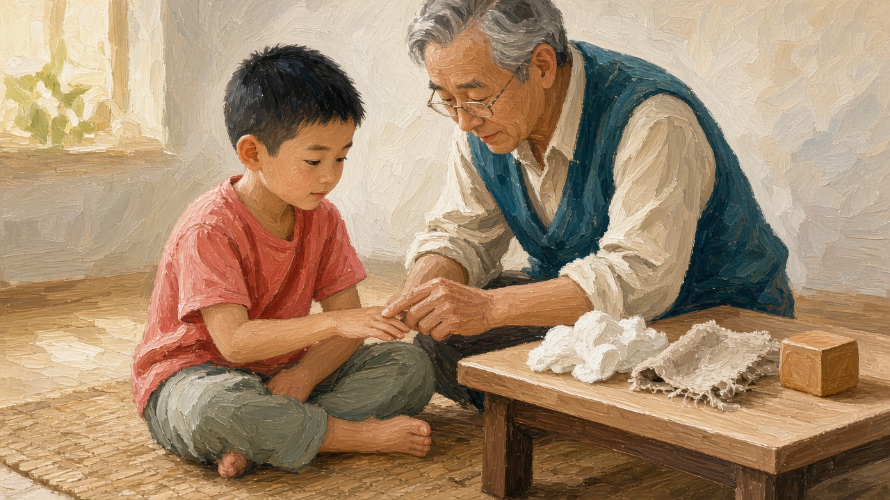 孩子手掌与大人手掌轻触对照示意