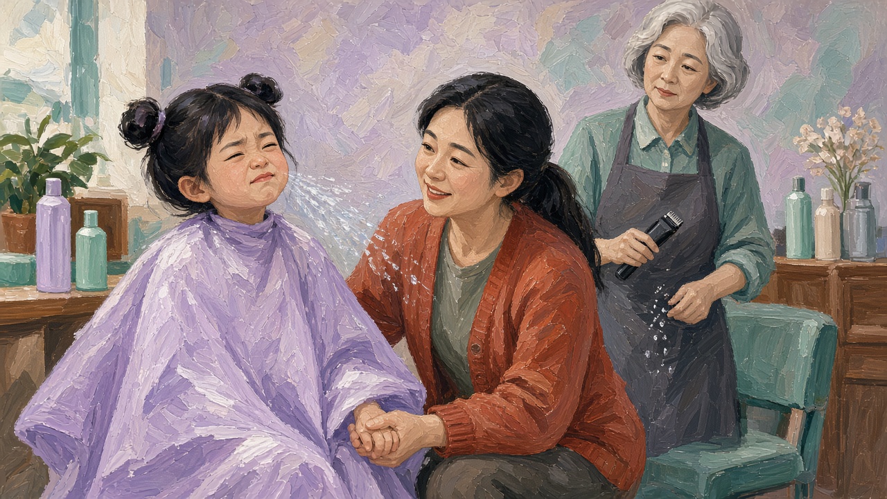 理发店女孩缩脖子躲水花妈妈蹲安慰