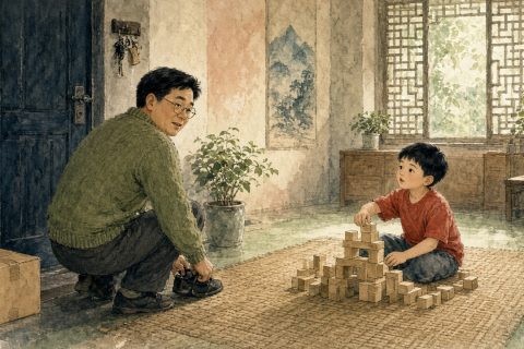 玄关换鞋的爸爸回头叮嘱，客厅拼积木的男孩应了一声
