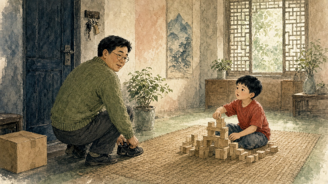 玄关换鞋的爸爸回头叮嘱,客厅拼积木的男孩应了一声