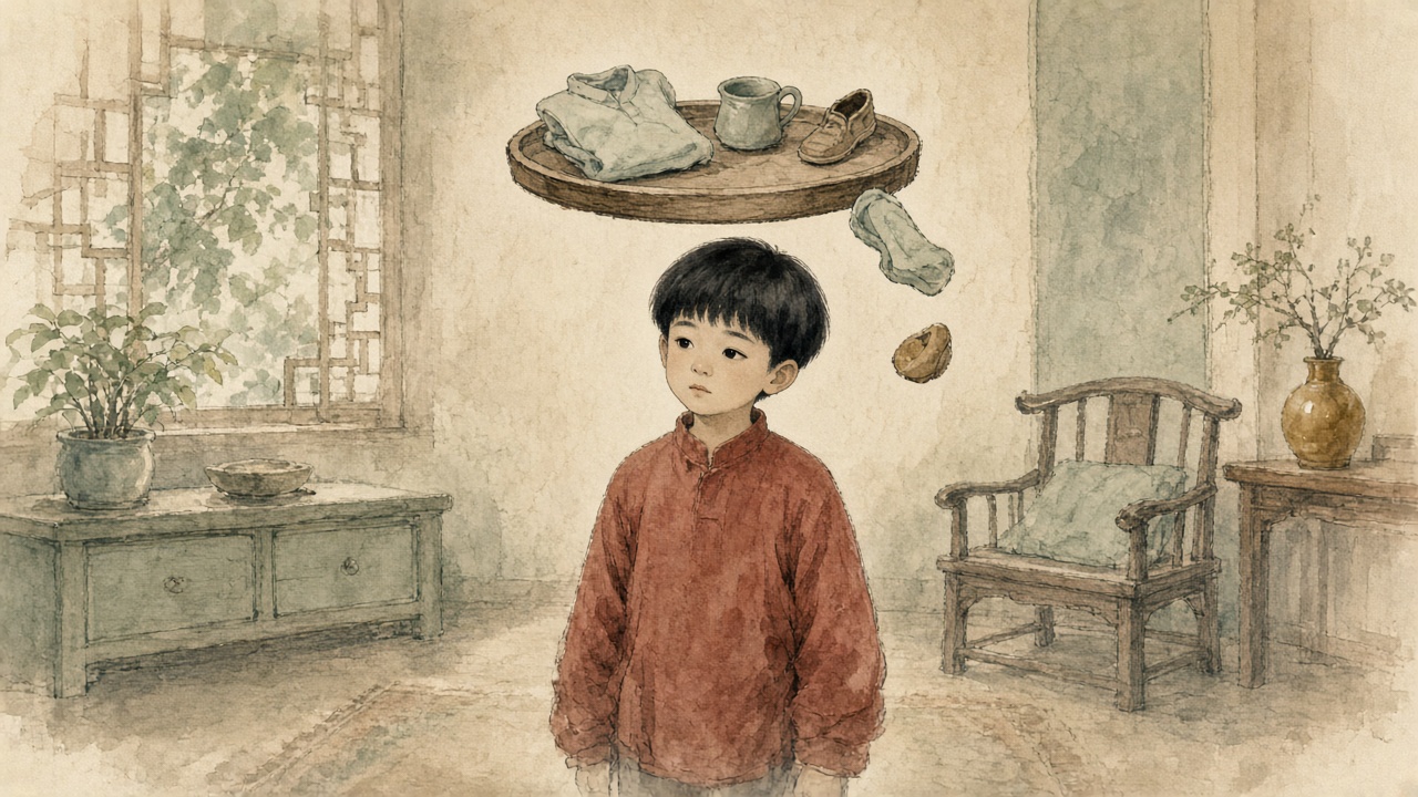 孩子头顶一只小托盘示意,几件叮嘱有的稳住有的掉落
