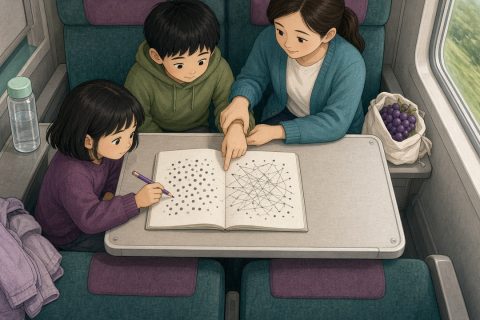 高铁小桌板上，女孩拿着笔在连线图上寻找下一个点