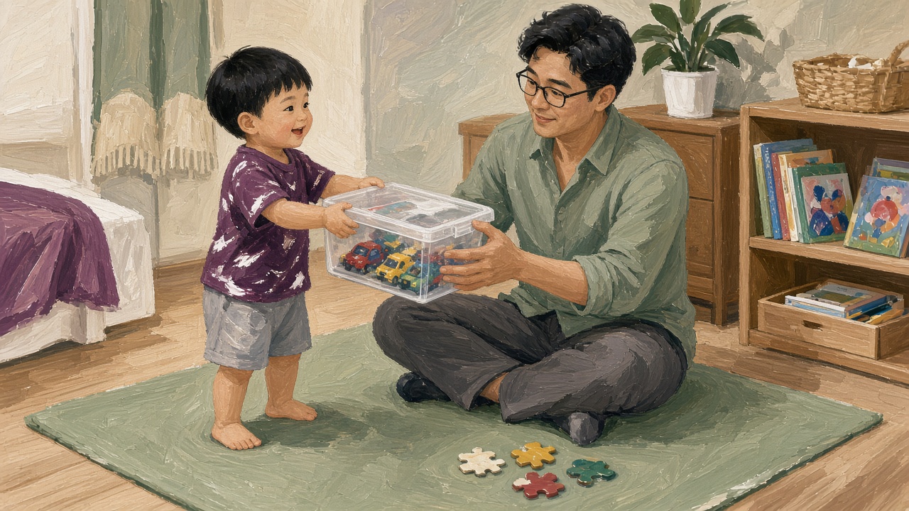 卧室游戏垫上,小男孩把扣紧盖子的透明玩具车收纳盒递给爸爸