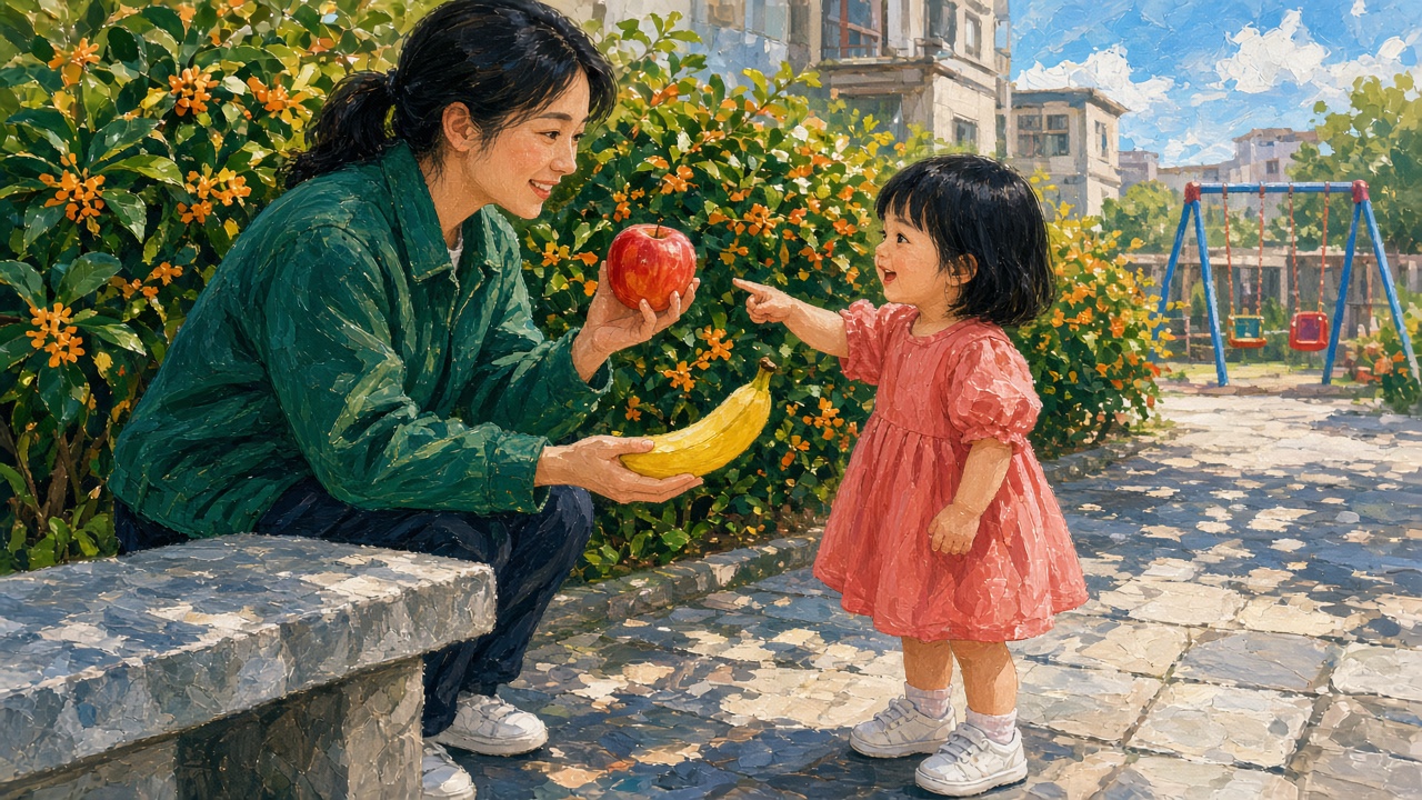 小区花园里,妈妈一手拿苹果一手拿香蕉,让小女孩挑一样