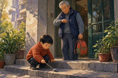 单元门口台阶上，快三岁的男孩蹲着用小树枝看缩成球的西瓜虫，爷爷在一旁看表