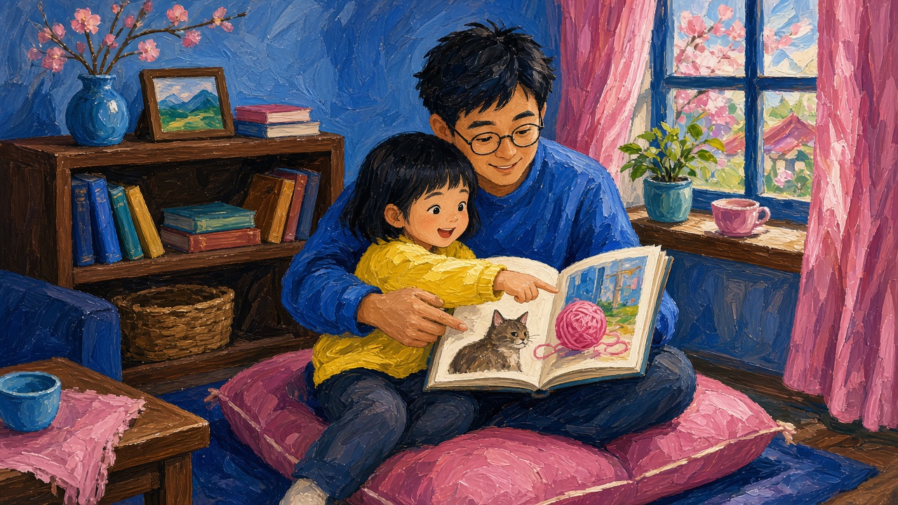阅读角里,女孩坐在爸爸怀里翻绘本,她指着毛线球,爸爸指着小猫