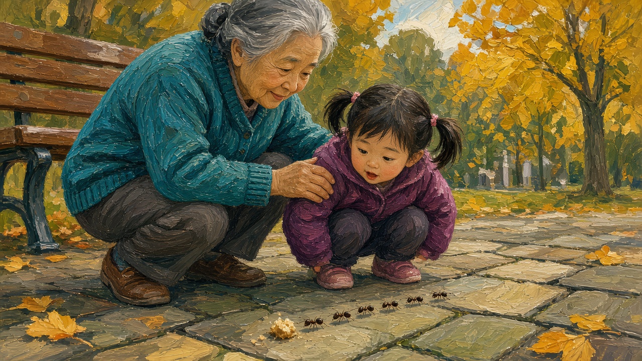 秋天的公园小路上,奶奶蹲下和扎小辫的女孩一样高,一起看蚂蚁搬面包屑