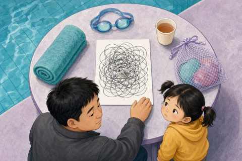 游泳馆家长休息区的小桌上，女孩对着一张满是乱线的图卡发愣，爸爸的手停在一旁